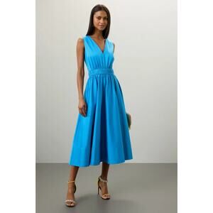 ROKSANDA by RTR Blue A-Line V-Neck Back Zip Sleeveless Twill Midi Dress, Size 12